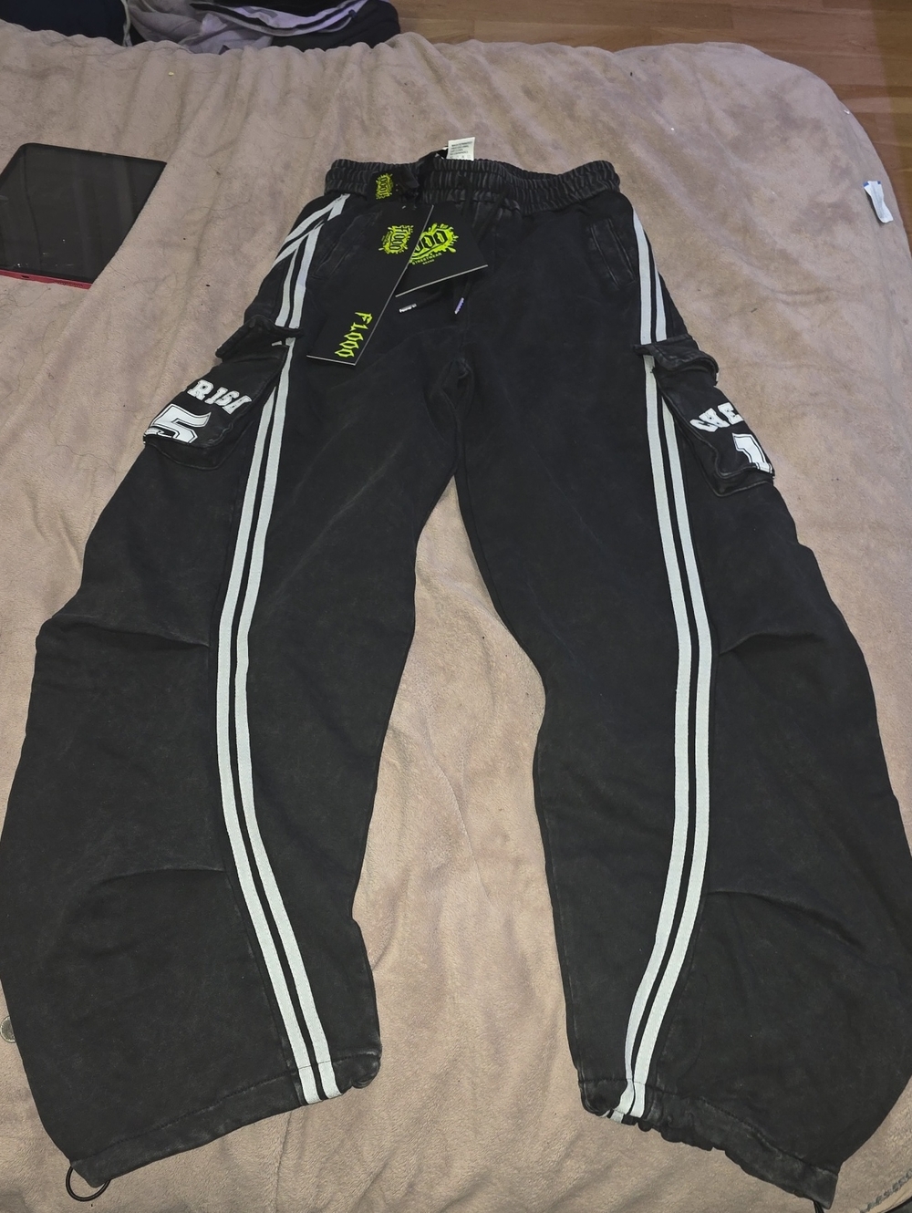 Flooo Black Track Cargo Pants with Reflective Stripes